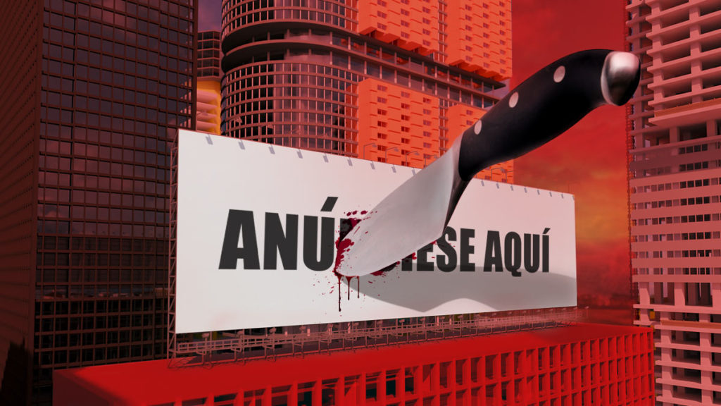 Un cuchillo atraviesa una lona en la que pone "anúnciese aquí"