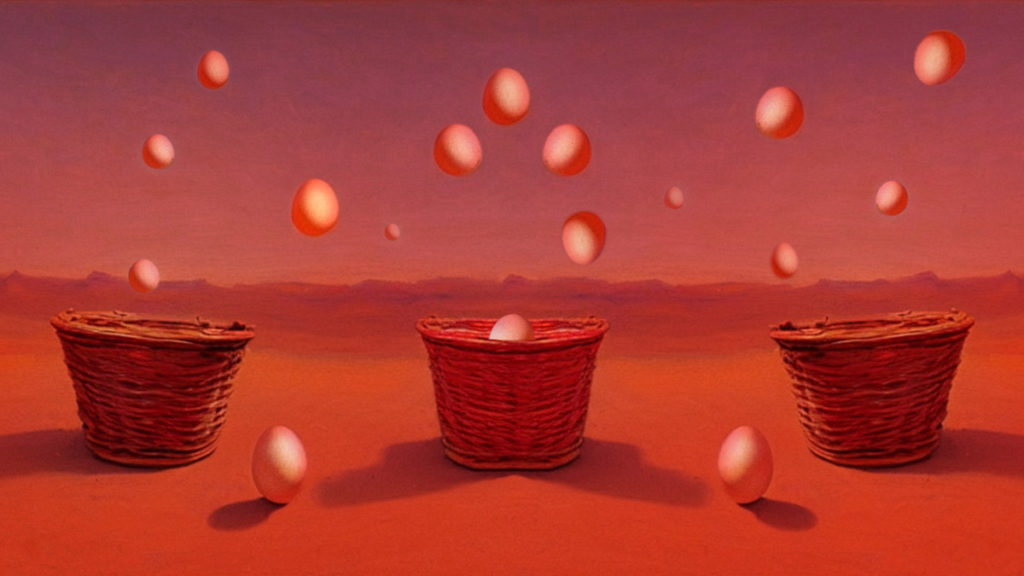 Huevos cayendo del cielo a tres cestas